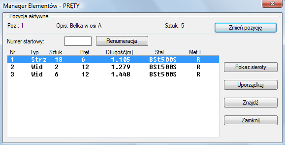 BiK8 ŻELBET 63 Menadżer prętów [MZB] Manager prętów (zbrojenia) służy do zarządzania wstawionymi na rysunku opisami prętów. Na liście zestawione zostają wszystkie opisy wstawione na aktywnej pozycji.