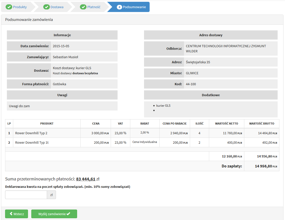 W ostatnim kroku zostanie wyświetlone podsumowanie zamówienia. Znajdują się tutaj wszystkie poprzednio podane informacje.