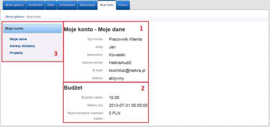 Strona27 7. Moje konto W zakładce Moje konto użytkownik ma dostęp do wszystkich informacji dotyczących jego konta, na samy początku wyświetla się podsumowanie ustawień oraz budżet: 1.