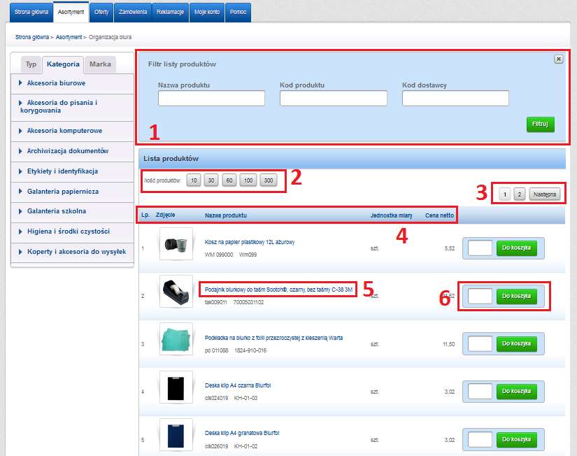 Filtr listy produktów służy do przeszukiwania wyświetlonej już listy produktów, standardowo jest on zminimalizowany 2.