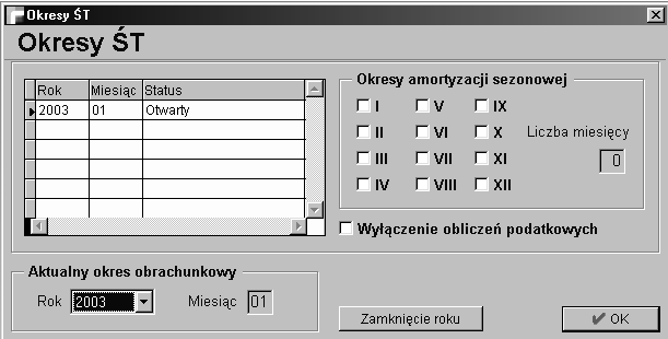 12. Okresy ŚT Formularz ten jest niezależny od okresów w module Księga Handlowa i służy do: wybrania roku sprawozdawczego zamknięcia roku sprawozdawczego określenia sezonów amortyzacji