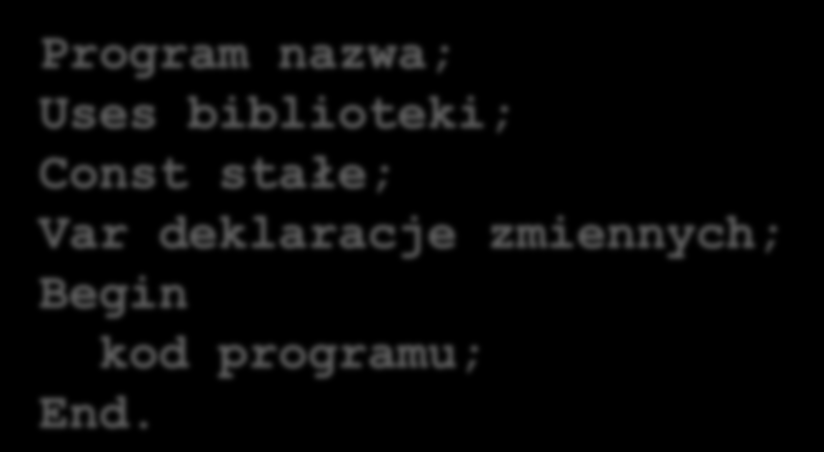 II. Typy zmiennych STAŁE Program nazwa; Uses biblioteki; Const stałe; Var