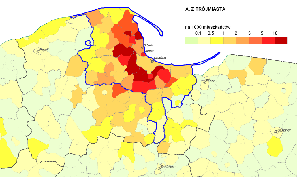 Identyfikacja podstawowych procesów i problemów OM Migracje i zasięgi oddziaływania 1) zlewnia migracyjna wykracza znacznie poza granice obecnego województwa, a ośrodek trójmiejski skutecznie