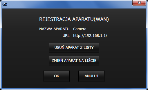 Kliknij przycisk [DODAJ APARAT] wyświetlony na dole listy kamer po prawej stronie ekranu[rejestracja APARATU]. 3. Wprowadź URL i nazwę kamery.