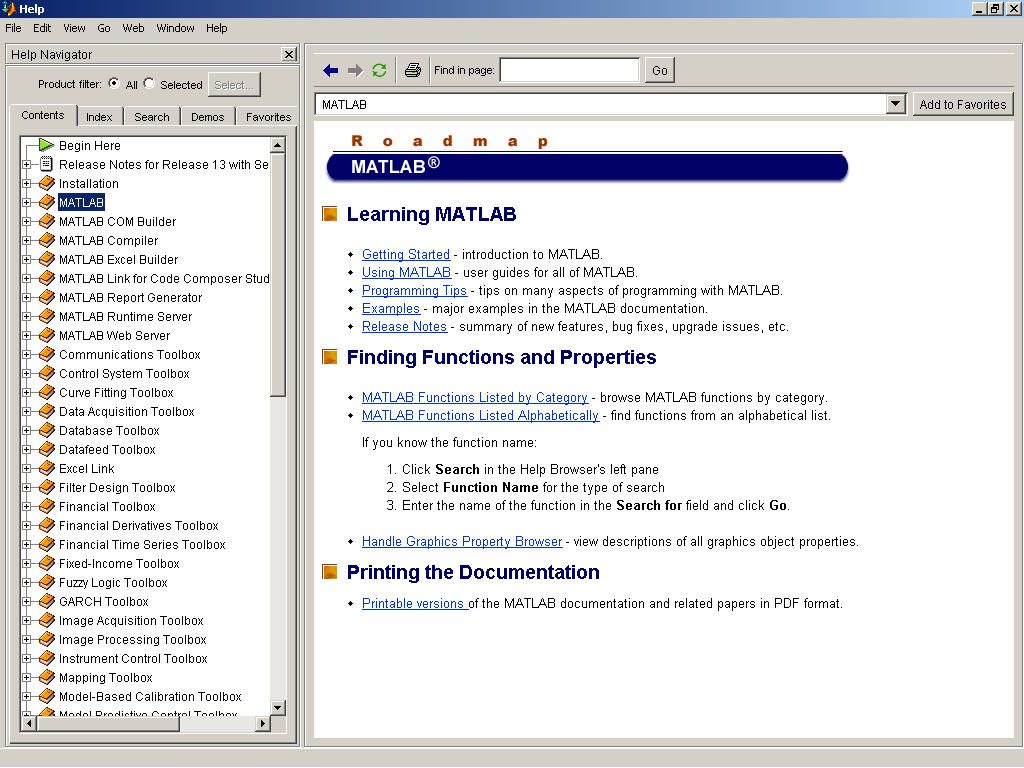 Wstęp do Matlab a 2 Rysunek 1: Główne okno pomocy programu Matlab 2.1 Pomoc programu Matlab Program Matlab posiada bardzo bogatą dokumentację z licznymi przykładami.