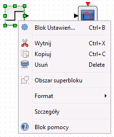 Podwójne kliknięcie lewym przyciskiem nad blokiem wybiera blok i otwiera okno edycji parametrów właściwe dla danego bloku (Block Parameters), Pojedyncze kliknięcie prawym przyciskiem na wybranym