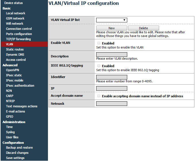 7.2.9 VLAN Zakładka VLAN umożliwia użytkownikowi na stworzenie wirtualnego adresu IP. Należy zdefiniować IP, maskę podsieci oraz identyfikator z zakresu 0-4095. Zaznaczając IEEE 802.