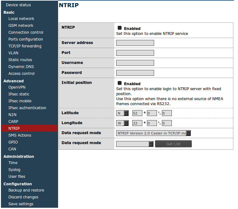 7.2.18 NTRIP configuration page Jednym z trybów pracy portu /dev/ttys0 jest komunikacja z urządzeniem zewnętrznym z użyciem protokołu NTRIP.