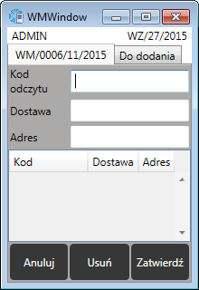 8. Wydanie magazynowe Po wyborze z menu głównego Wydanie magazynowe zostaje wyświetlone okno, w którym należy sczytać kod kreskowy dokumentu wydania: Dokument można