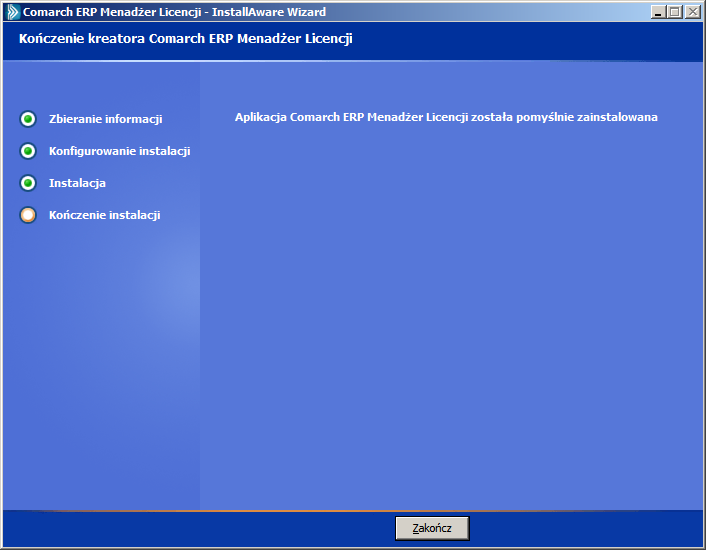 Poprawna instalacja powinna zakończyć się następującym komunikatem: Po zakończeniu instalacji i uruchomieniu Comarch ERP Optima w prawym dolnym rogu ekranu powinna pojawić się ikona informująca o