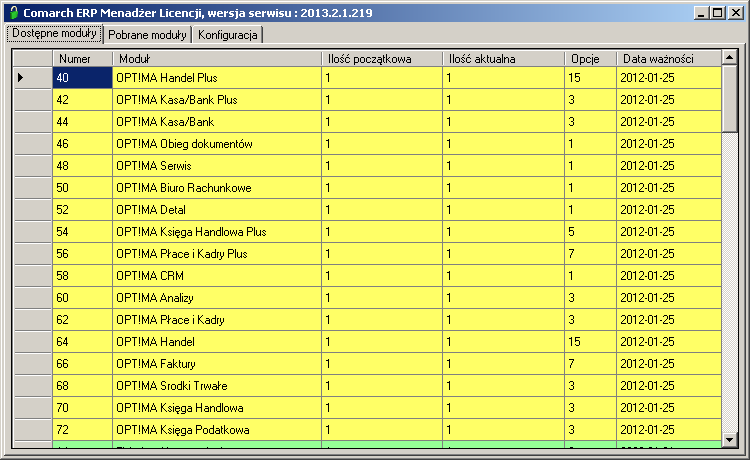 5.1 Zakładka Dostępne moduły Zakładka przedstawia listę dostępnych modułów pochodzących z podłączonego klucza HASP, plików SoftHASP, bądź z licencji aktywowanych w Comarch.