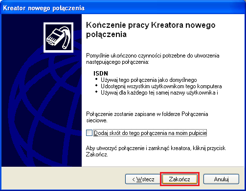 Wpisz Informacje o koncie internetowym. W przykładzie użyto nazwy użytkownika i hasła test.