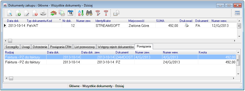 Powiązania pomiędzy zamówieniem i fakturą oraz fakturą i PZ widoczne są w oknach dokumentów w szczegółach na zakładce Powiązania.