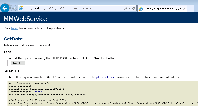 17 Rys. 23. Widok aplikacji mmws/mmws.asmx Dalej należy kliknąć na metodę GetDate: Rys. 24.
