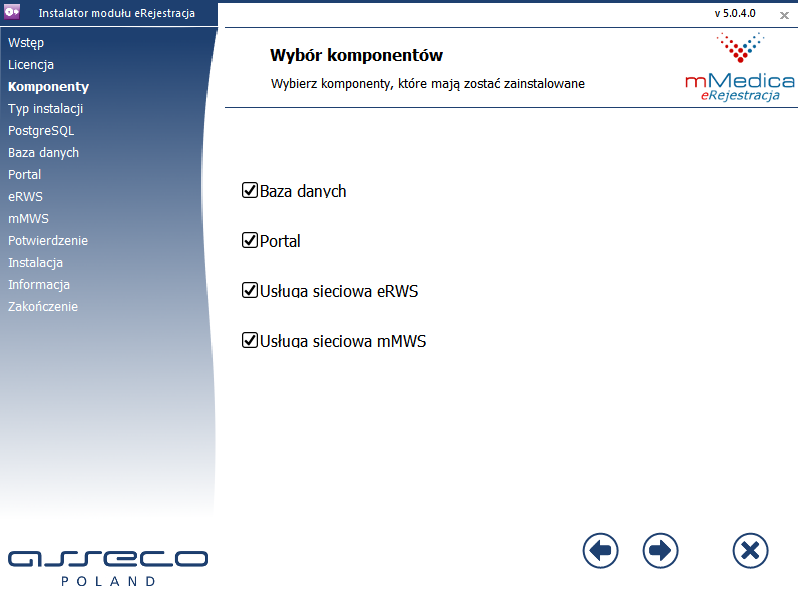 8 b) Zaznaczamy komponenty, które chcemy zainstalować. W omawianym przypadku są to: baza danych (Baza danych er), portal (Portal erejestracja), erws (Web Service er), mmws (Web Service mm).