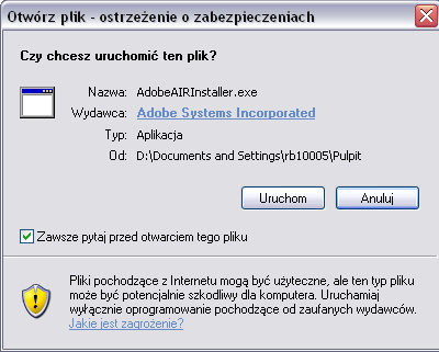 INSTALACJA RĘCZNA ŚRODOWISKA AIR WINDOWS 1. Instalacja środowiska Adobe AIR wymaga uprawnień administratora na danym komputerze.