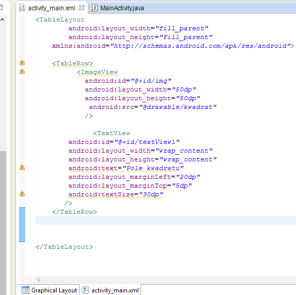 Przechodzę teraz do edycji pliku XML określającego layout naszej głównej aktywności. Będziemy edytować ręcznie, więc tym razem nie wybieramy Graphical Layout a activity_main.