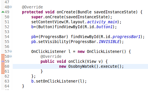 Zobaczmy teraz co się dzieje w metodzie oncreate: W linii 55 na początek