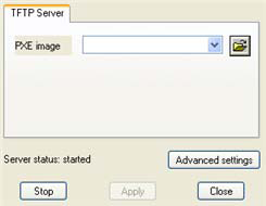 Klikając na odpowiedni przycisk możesz uruchomid/zatrzymad Paragon PXE Server.