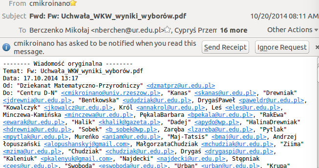 Przykład nieprawidłowego adresowania listów email wysyłanych do wielu odbiorców jednocześnie.