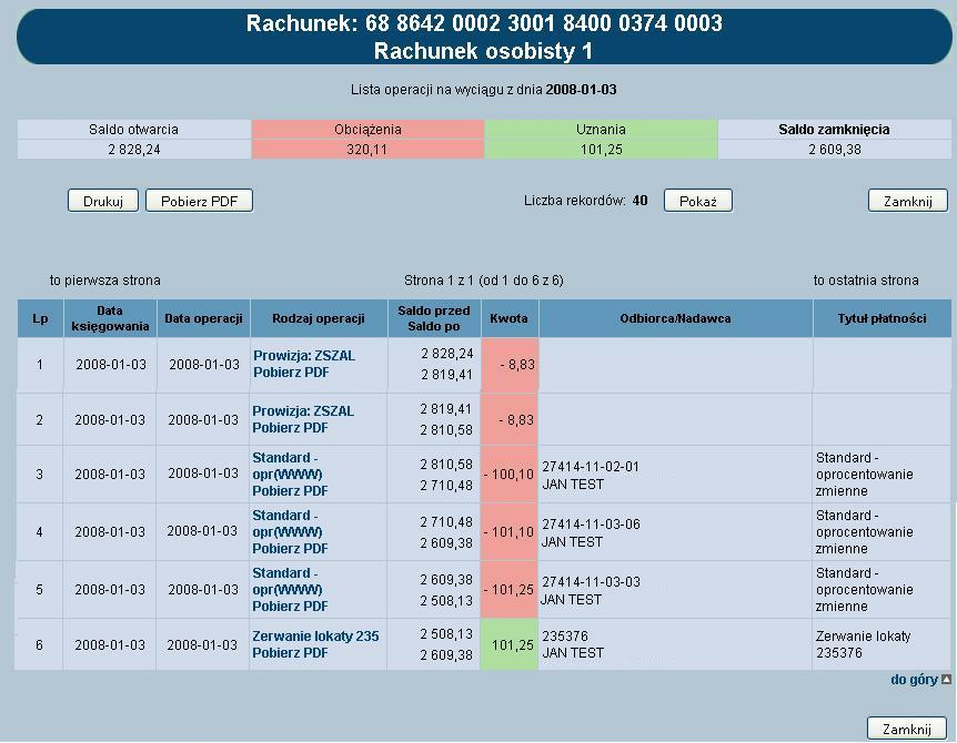 Rozdział 4 Rachunki Użytkownik ma dostęp do następujących informacji: Data dnia, z którego utworzony był wyciąg Saldo otwarcia saldo rachunku z ostatniego dnia księgowego poprzedzaj ącego wykonanie