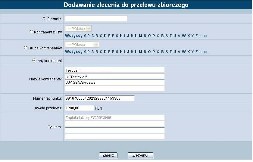 Rozdział 10 Przelewy zbiorcze Nr rachunku kontrahenta pełny numer rachunku kontrahenta w formacie NRB (w dopuszczalnym formacie ze spacj ami j ako separatorami segmentów rachunku), Kwota kwota