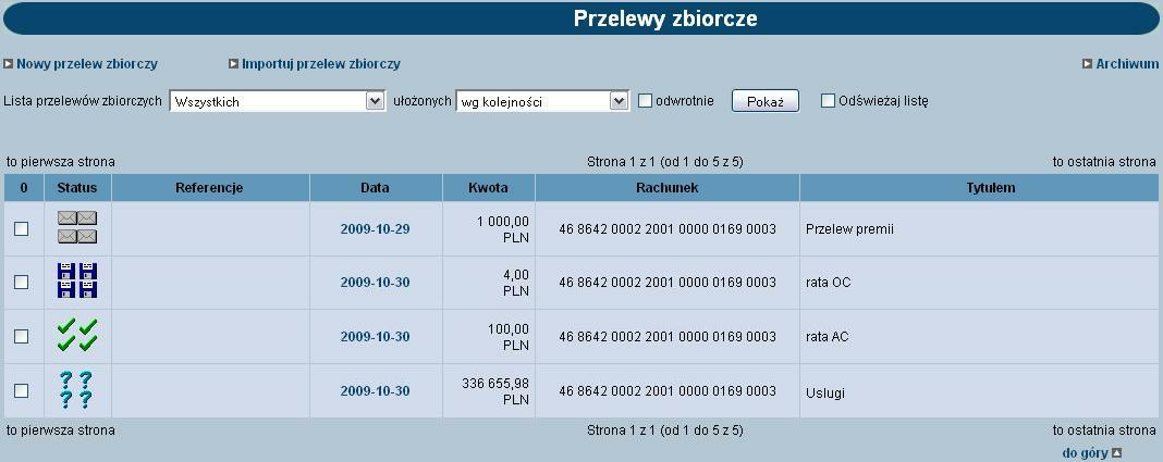 Rozdział 10 Przelewy zbiorcze Lista przelewów zbiorczych może być ograniczana (filtrowana) przez wybranie statusu przelewów zbiorczych.