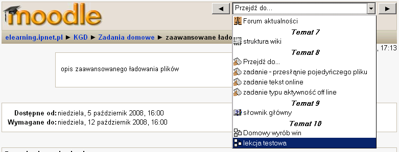 9. Nawigacja wewnątrz kursu Nawigacja wewnątrz kursu odbywa się za pomocą przystosowanych do tego celu odnośników i okienek typu rozwijalnego.