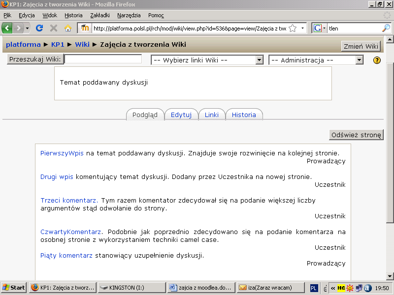 20. Wiki Jest to składowa umożliwiająca równoczesną pracę wielu uczestników nad opisem lub komentarzem do wybranego zagadnienia.