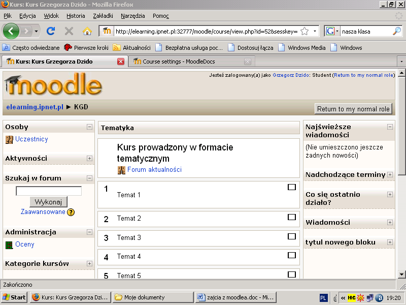 Rys. 7 Wygląd strony kursu w formacie tematycznym. W przypadku ostatnich dwóch formatów istnieje możliwość kontrolowania liczby jednostek (liczby tygodni, tematów).