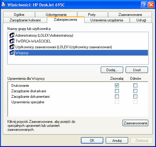 Nadawanie uprawnień d drukarki D drukarki, tak jak d kaŝdeg inneg zasbu kmputera, mŝemy nadać dpwiednie uprawnienia wybranym uŝytkwnikm lub ich grupm. W ten spsób mŝemy kreślić m.in., którzy uŝytkwnicy będą mgli drukwać na wybranym urządzeniu, czy będą mgli mdyfikwać zadania drukwania innych uŝytkwników.