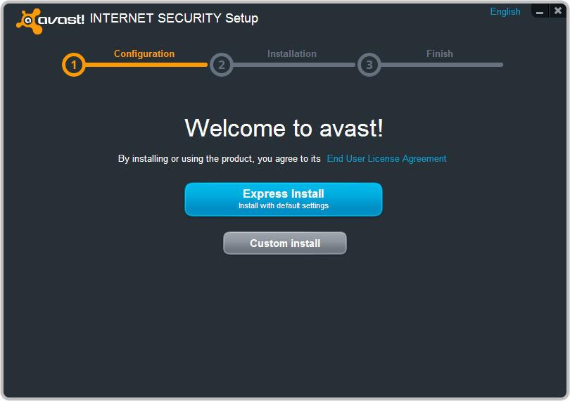 kliknięcie polecenia Uruchom otworzy ekran instalacji programu avast. Preferowany język instalacji można wybrać za pomocą opcji dostępnej w prawym górnym rogu. Następnie można wybrać typ instalacji.