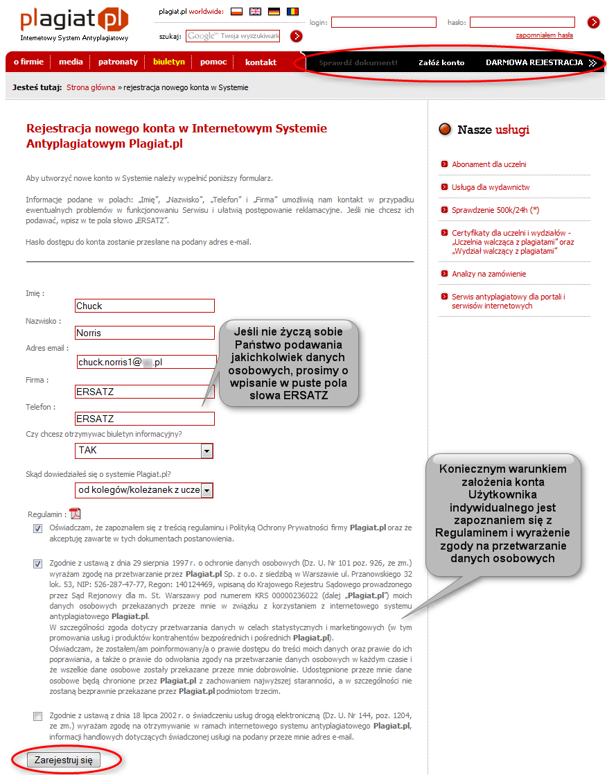 I. Założenie konta Użytkownika W celu rejestracji konta w serwisie Plagiat.pl, należy wejść na stronę internetową www.plagiat.
