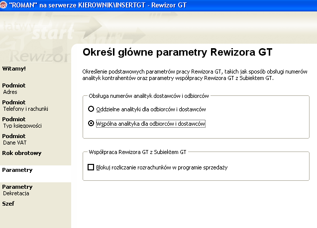 17 Tak należy usunąć pozostałe rejestry i wprowadzić jeden rejestr księgowy dla odbiorców i dostawców RK W oknie dialogowym Określ główne parametry Rewizora GT wybierz funkcje Dalej.