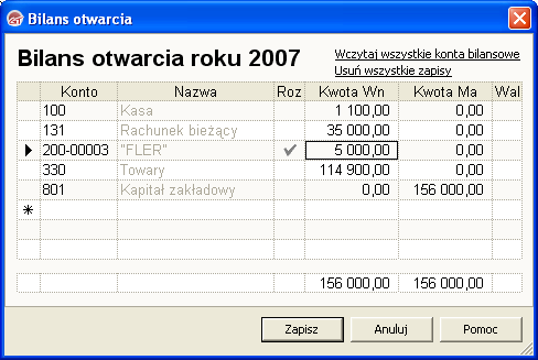 30 Wprowadzenie ręczne sald początkowych Sprawdź poprawność sumy bilansowej Wybierz funkcję Zapisz.