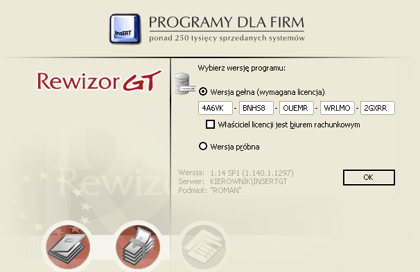 7 1. URUCHOMIENIE PROGRAMU FINANSOWO-KSIĘGOWEGO REWIZOR I USTAWIENIE PARAMETRÓW PROGRAMU UWAGA: W przypadku pierwszego uruchomiania programu Rewizor GT, nie jest możliwe uruchomienie tego programu z