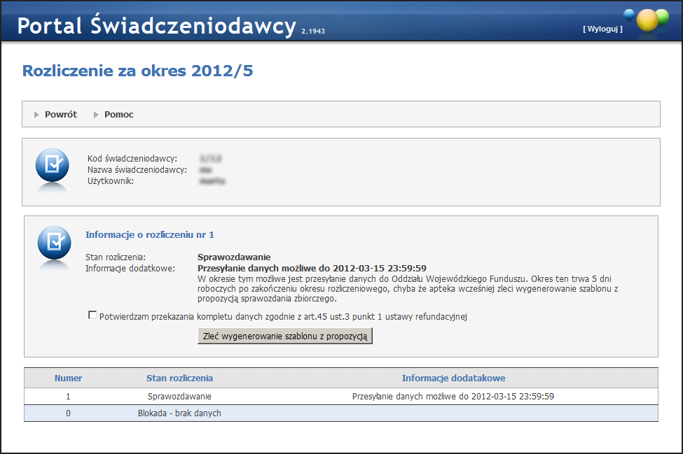 120 Portal Świadczeniodawcy Blokada - brak danych - okres zablokowany z powodu nieprzesłania danych do Oddziału Wojewódzkiego NFZ czasie pierwszych 5 dni roboczych po zakończeniu okresu