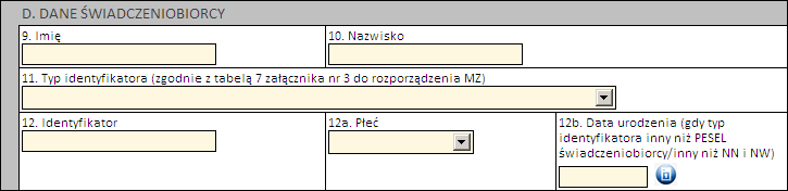 Obsługa okien 81 Część D Należy wprowadzić dane pacjenta: Jeżeli zostanie podany PESEL pacjenta, wówczas system automatycznie uzupełni dane dotyczące płci oraz daty urodzenia pacjenta.