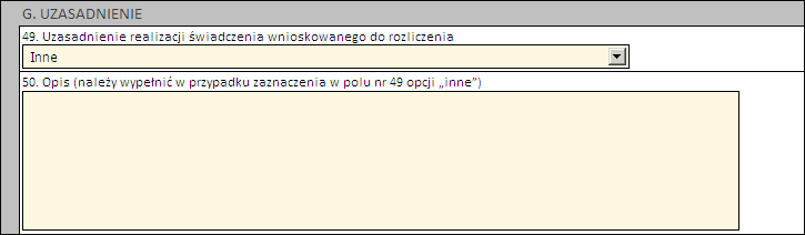 94 Portal Świadczeniodawcy Część F - nie dotyczy tej kategorii wniosku Część G Należy uzasadnić wniosek poprzez wskazanie jednej z