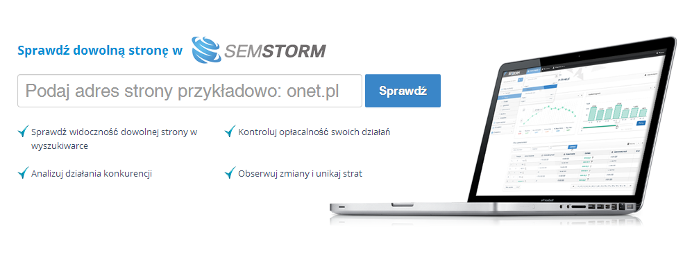 Strona 2 z 23 1 Rozpoczynanie pracy z SEMSTORM Praca z SEMSTORM rozpoczyna się od wpisania w okno domeny, którą chcielibyśmy przeanalizować pod kątem słów kluczowych.