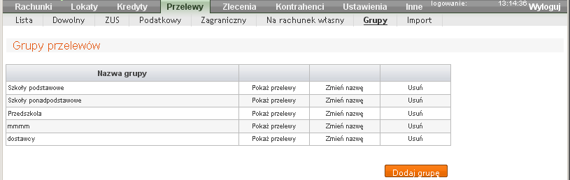 Serwis umoŝliwia przypisanie przelewów do wcześniej utworzonej grupy, ułatwiając tym samym wykonywanie operacji na przelewach naleŝących do danej grupy.