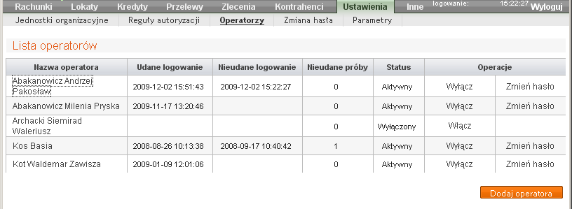 Spółdzielczy Bank Rozwoju Dla uprawnionego uŝytkownika (administratora, nadzorcy systemu), oprócz w/w operacji dostępne jest równieŝ polecenie [Dodaj operatora], dzięki któremu administrator moŝe