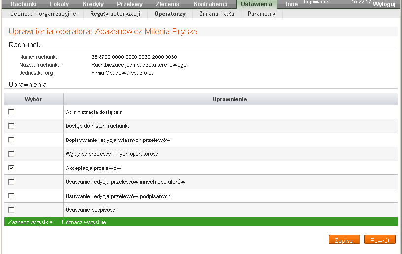 Poprzez kliknięcie na wybrany w tabeli rachunek w oknie Operator: Nazwa operatora (Rys. 12-4), otwiera się okno Uprawnienia operatora: Nazwa operatora (Rys.