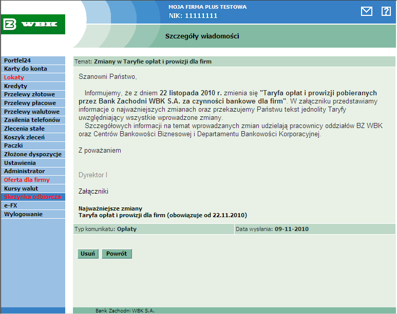 Niektóre komunikaty przekazywane na skrzynkę odbiorczą mogą mieć dołączone załączniki (najczęściej pliki pdf), które można pobrać i zarchiwizować na własnym komputerze w sposób umożliwiający