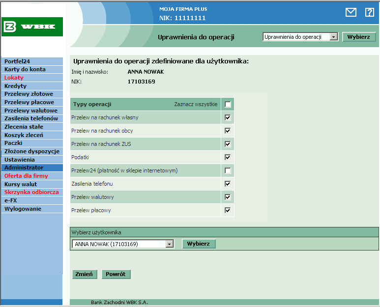 W celu zdefiniowania lub zmiany uprawnień wybranego użytkownika należy oznaczyć/odznaczyć odpowiednie typy operacji i wcisnąć przycisk Potwierdź.