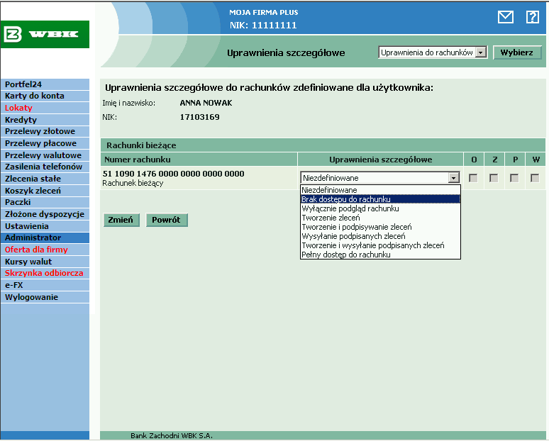 Uprawnienia szczegółowe definiuje się i zmienia za pomocą list wyboru umieszczonych przy numerach poszczególnych rachunków analogicznych jak w tabeli uprawnień ogólnych.