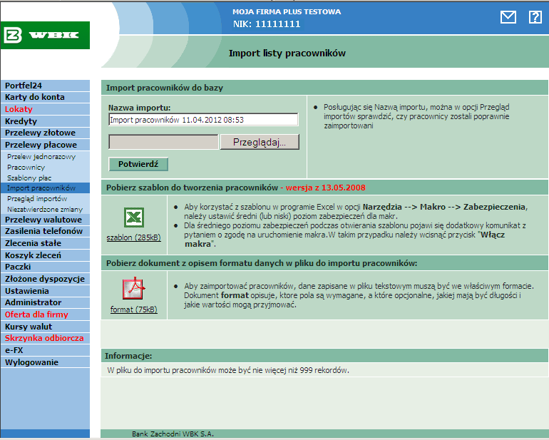 Dane do importu można przygotować za pomocą arkusza kalkulacyjnego zamieszczonego do pobrania w serwisie lub wygenerować w programie Klienta (np. kadrowo-płacowym).