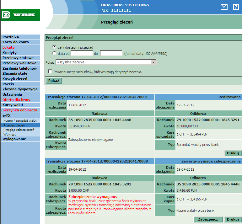 Dla każdego zlecenia wyświetlane są następujące informacje: Numer transakcji I data jej złożenia Status transakcji Data rozliczenia, Data obciążenia Rachunek WN, Kwota WN, Rachunek zabezpieczenia i