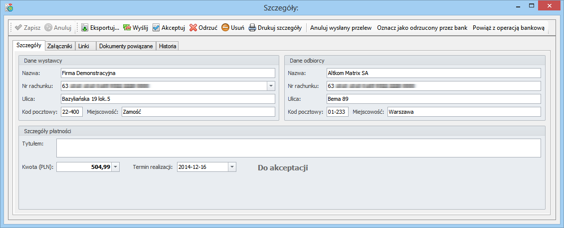Podręcznik użytkownika Sage Symfonia Handel (Sprzedaż i magazyn) 193 Aktualizuj status e-przelewów Operacja pozwala zaktualizować stan nierozliczonych zobowiązań w programie Handel.