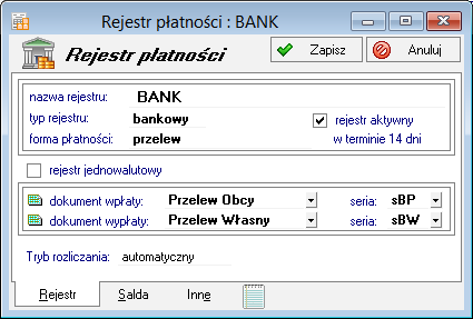 Podręcznik użytkownika Sage Symfonia Handel (Sprzedaż i magazyn) 59 W programie Handel można utworzyć rejestry typów gotówkowy, bankowy i inny.